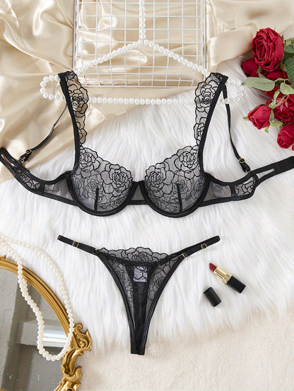 Sheer floral embroidered lingerie set with breathable solid color bra and thong for women's sexy lingerie.