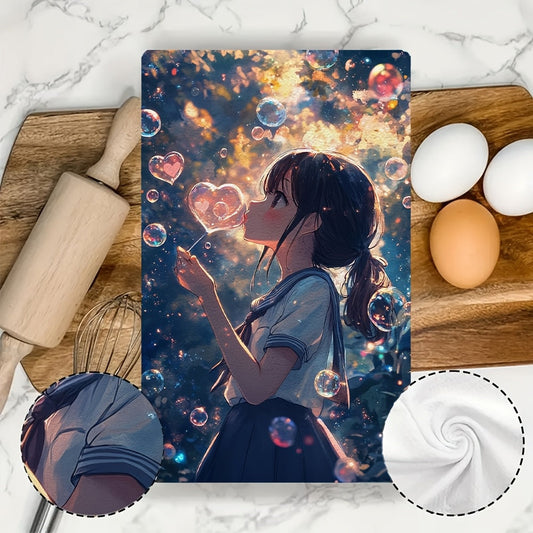 This set includes two ultra-soft kitchen towels adorned with a cute anime girl blowing heart-shaped bubbles with a bubble wand. The bubbles envelop her, adding a whimsical touch to the design. These dish towels are highly absorbent, ideal for holiday