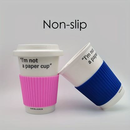 Silicone coffee cup sleeve with Hawaiian stripe pattern, heat insulation, non-slip, BPA-free, reusable, machine washable, for adult use.