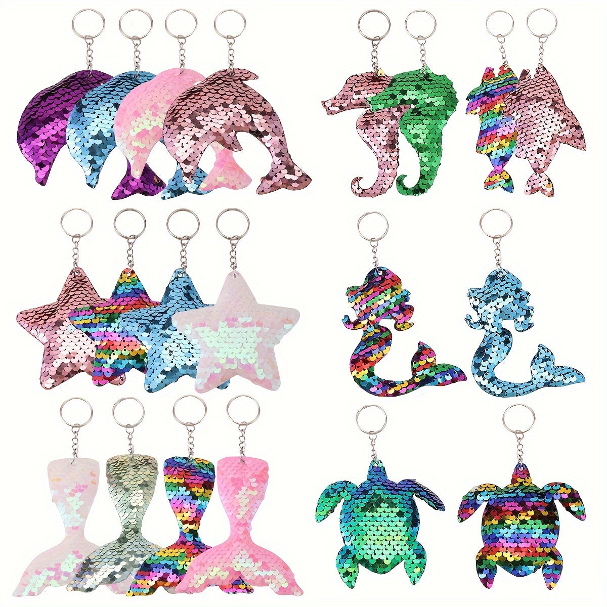 Cartoon Double-sided Mermaid Sequin Keychains - Set of 20, featuring Ocean Theme, Animal Shapes, Flip Sequin Design, Perfect for Party Gifts, Birthday Presents, and Christmas Decorations.