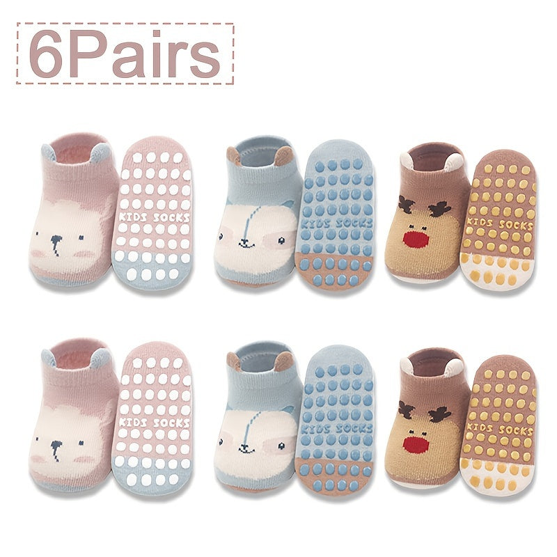 6 pairs of cute cartoon animal cotton blend non-slip kids socks with grip dots, perfect for all seasons.