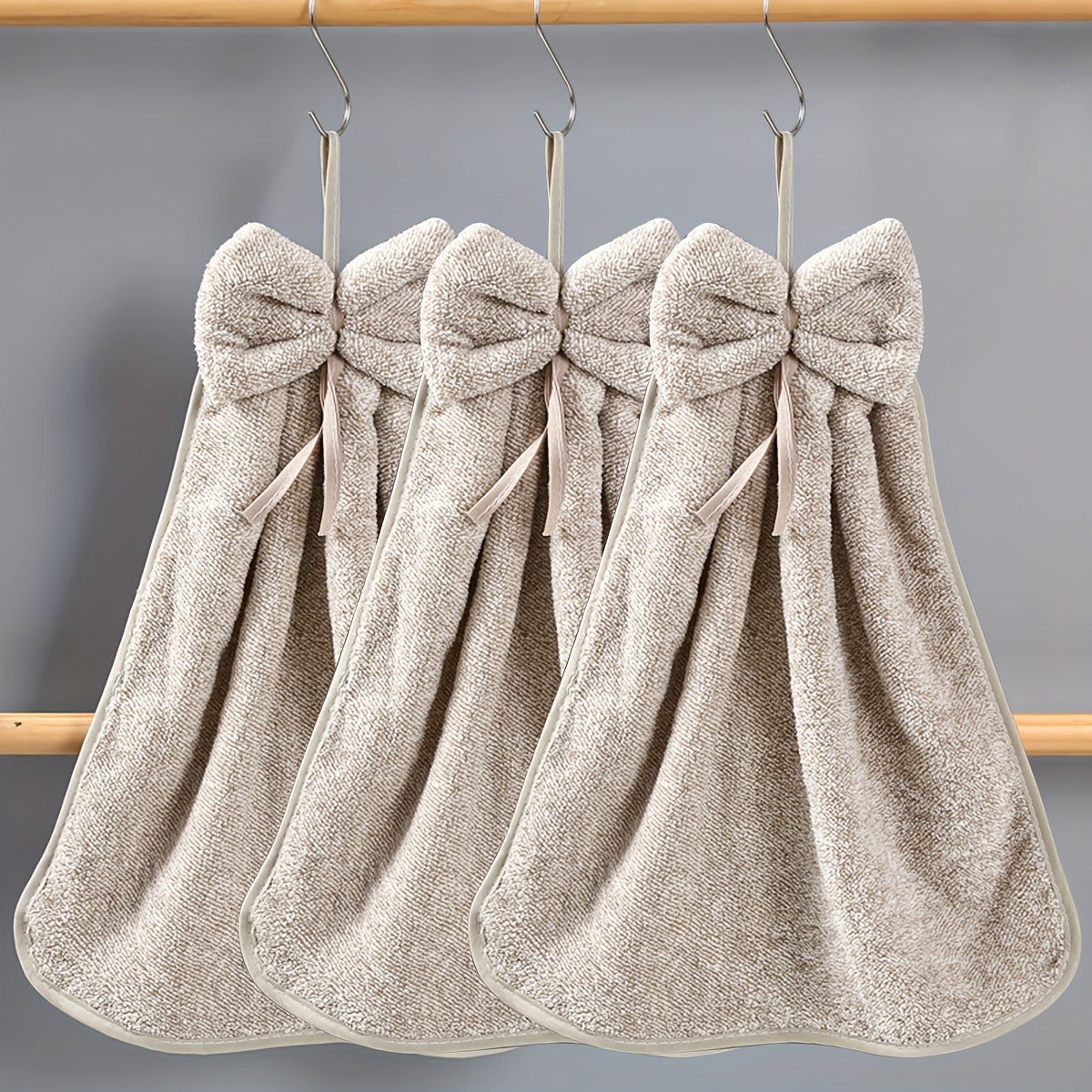 3pcs Bowknot Hanging Hand Towels, Coral Fleece, Quick Drying, Absorbent, Soft, Kitchen and Bathroom Towels.