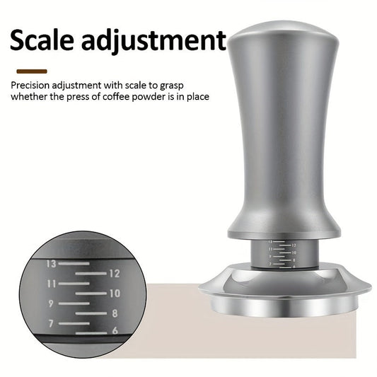 Adjustable pressure coffee tamper made of premium stainless steel, perfect for both espresso and drip coffee. An essential tool for baristas, ensuring constant pressure and even distribution of coffee powder.