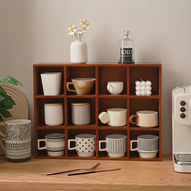 Vintage log cup organizer with wooden display shelf, closed compartment, under 68.58cm height, less than 3.2 cubic feet capacity.