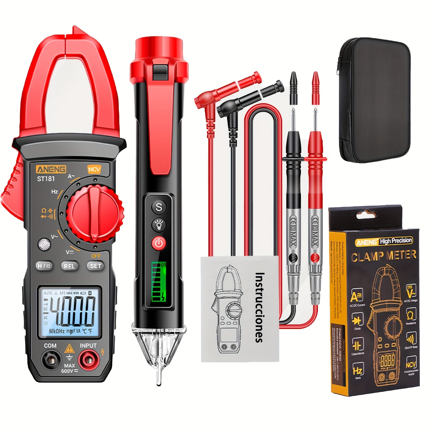 Набор ST181 Advanced Clamp Multimeter включает индукционную ручку и зуммер для измерения тока, напряжения, ёмкости, сопротивления, обнаружения NVC, непрерывности диода и рабочего цикла.