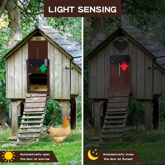 Plastic automatic chicken coop door with light sensor, battery-powered, and early/late automatic switch for chicken house.