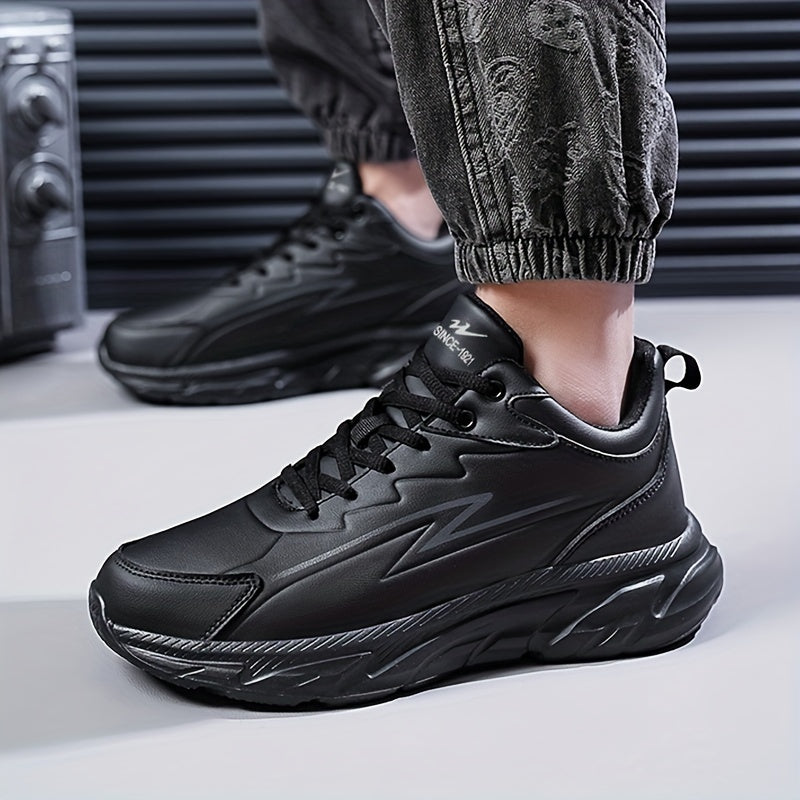 Men's black road running shoes with a casual sporty style, durable rubber sole, comfortable fabric lining, and low-top lace-up design. Suitable for all seasons, these athletic sneakers are