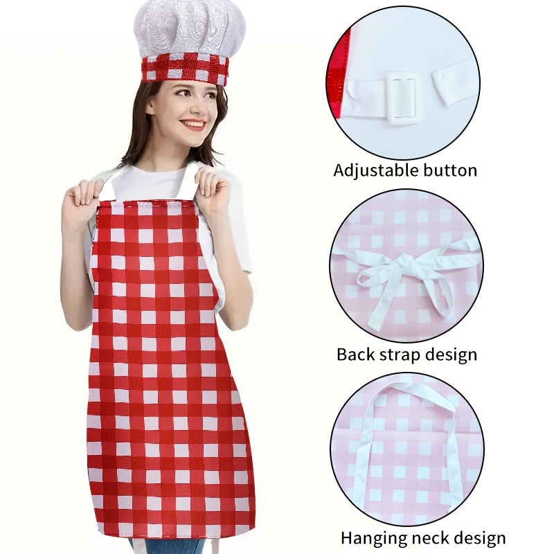 Set of Chef Apron and Hat, made from Unisex Polyester material. The Apron has an Adjustable Neck with a Woven Cooking Bib, and comes with a matching Cap. Suitable for use at Home, in Restaurants, while Baking, Catering, or for Food Service Workwear.