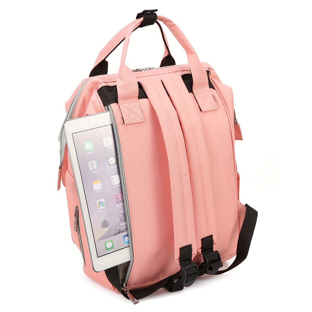 Multi-functional mommy backpack with large capacity, designed for outdoor use, can be worn as a double shoulder or hand-held bag for mother and baby.