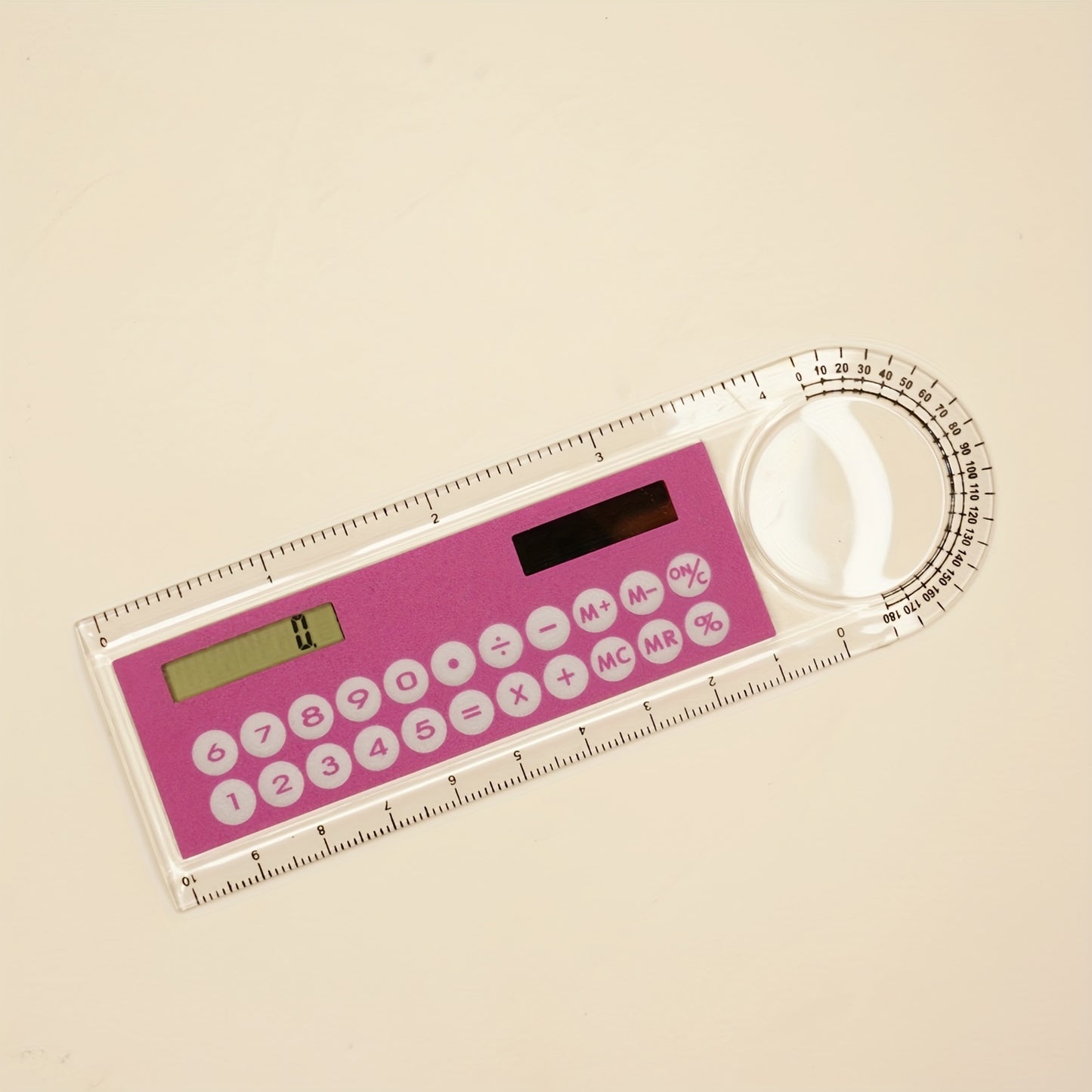 Mini Ultra-Thin Solar Calculator Ruler with Magnifying Glass - 10cm School/Office Supplies