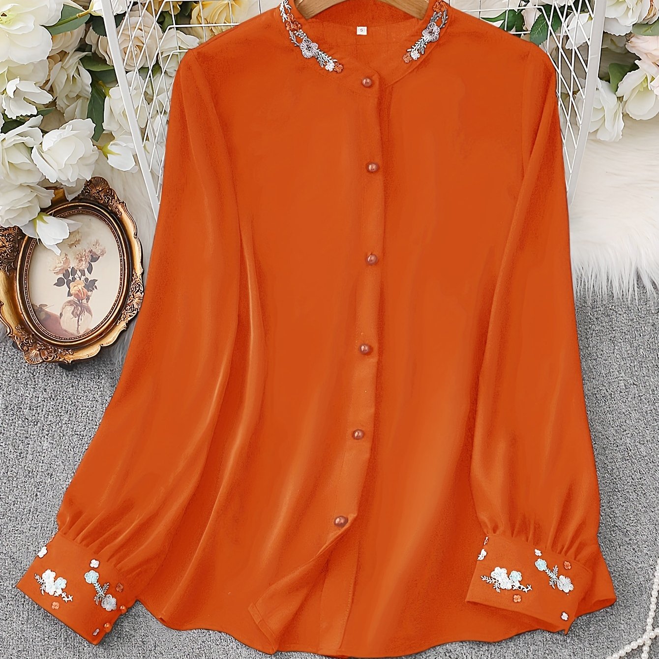 Floral Embroidered Button Front Blouse, Elegant Long Sleeve Women's Top for Spring and Fall