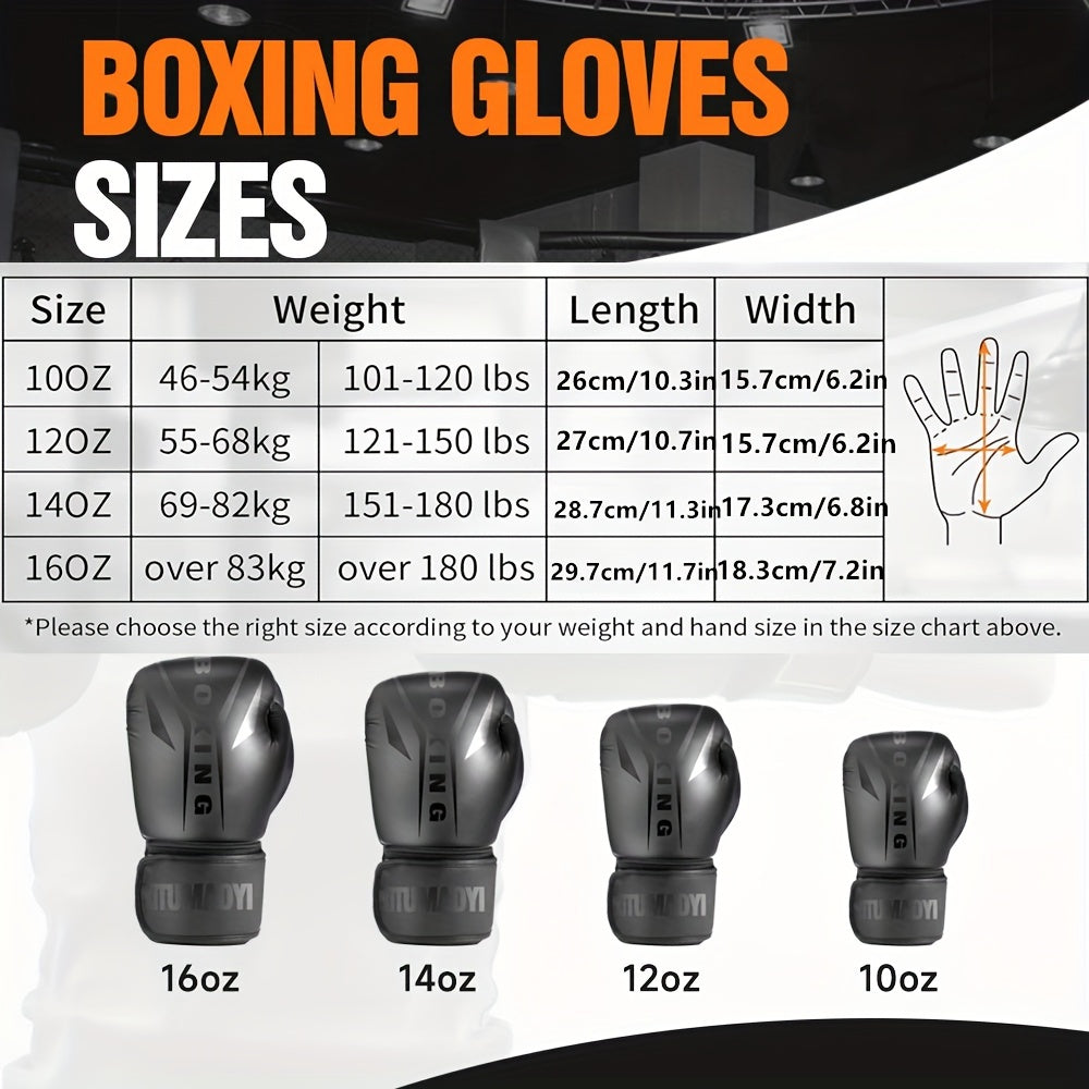 Various sizes of faux leather boxing gloves for adults, suitable for men and women. Perfect for Muay Thai sparring, MMA training, and gym use. Features adjustable strap closure for a secure