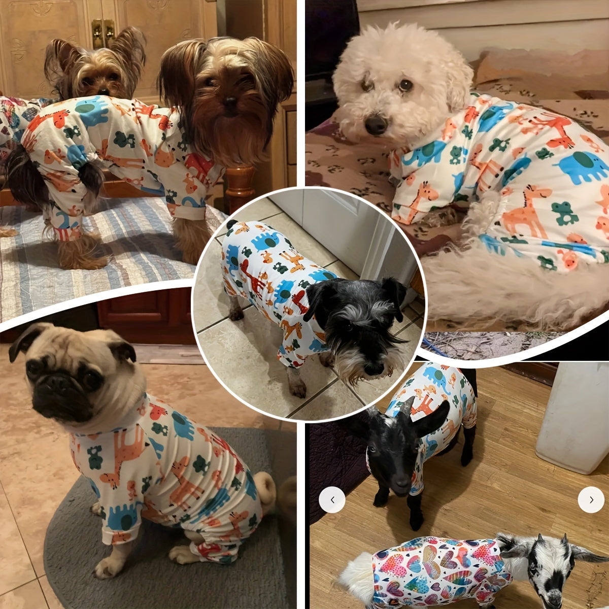 Cute dog pajamas with cartoon animal print, cozy polyester knit for small breeds, easy pullover style.