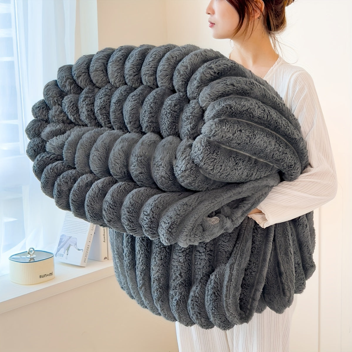 Cozy Contemporary Striped Plush Blanket made with Thickened Polyester Knit Fabric, Perfect for All Seasons. Can be used as a Bedspread, Nap Blanket, or even as a Pet Blanket. Weighs 250-300gsm.