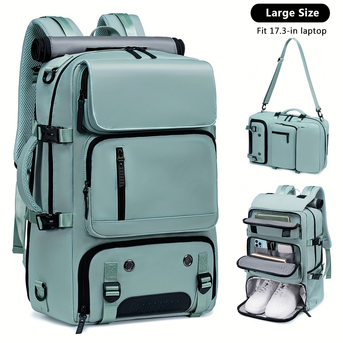 Versatile large backpack with shoe compartment & USB port for outdoor activities, business, and college. Great gift idea for men and women.