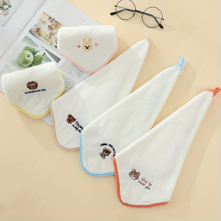 Set of 5 adorable cartoon embroidered towels, made with soft polyester-nylon blend, fade resistant and durable at 368gsm