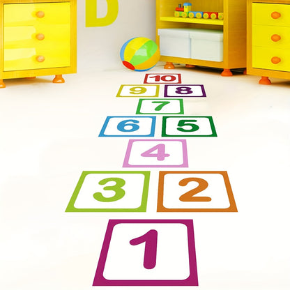 10 pieces of self-adhesive, anti-slip hopscotch game wall and floor stickers made from frosted material.