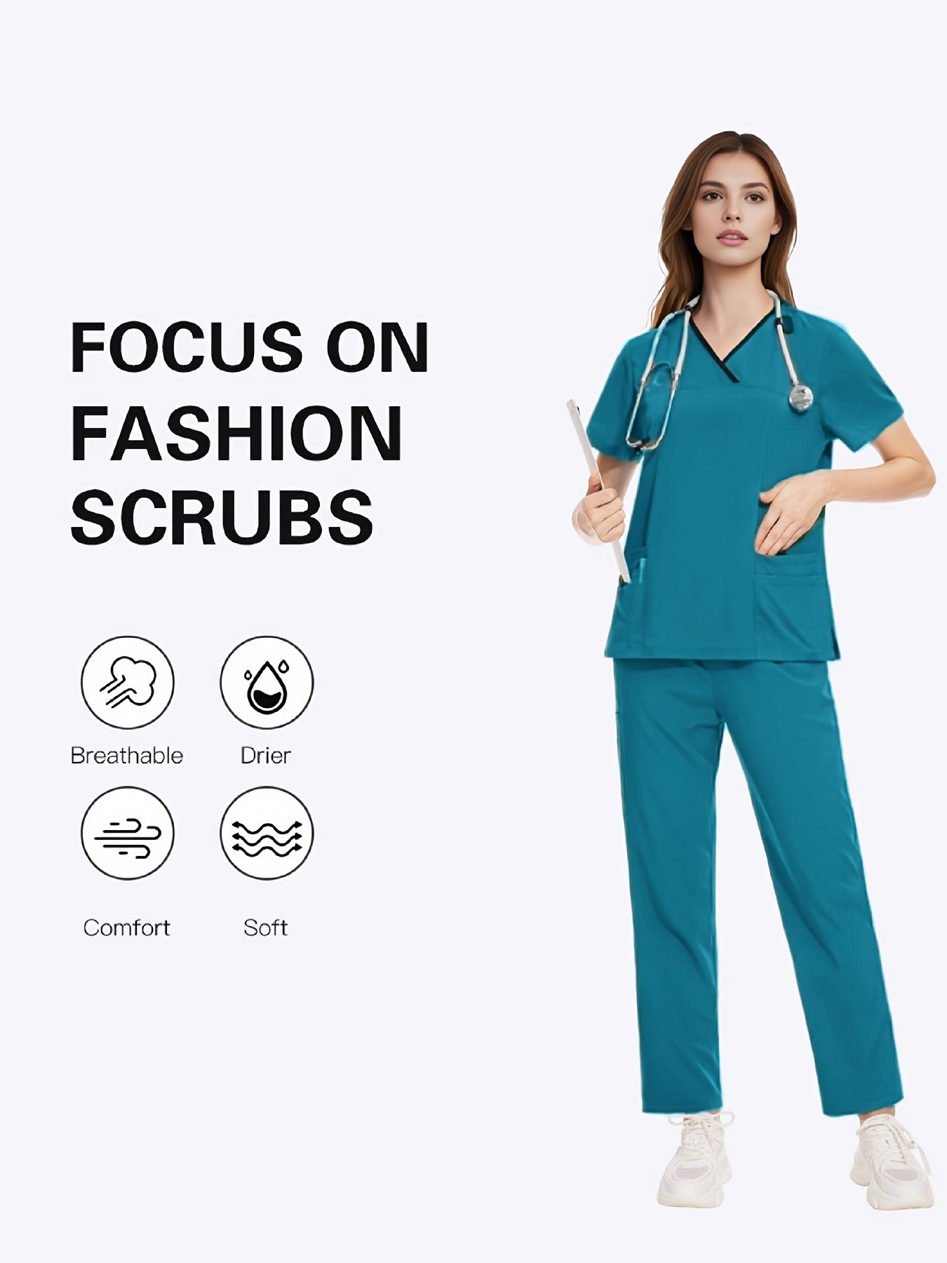 Stylish Polyester and Spandex Medical Scrubs Set with Pocket, V-Neck, and Casual Style