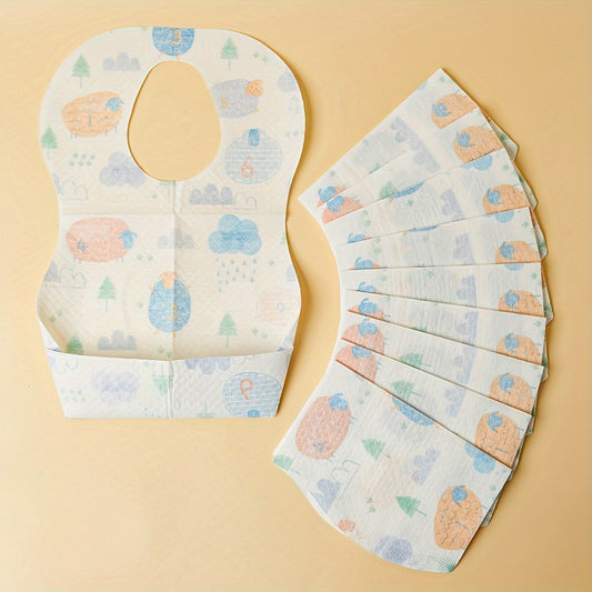 Set of 10 Adorable Print Disposable Feeding Bibs, Convenient Waterproof Bibs for Travel and Feeding on the Go