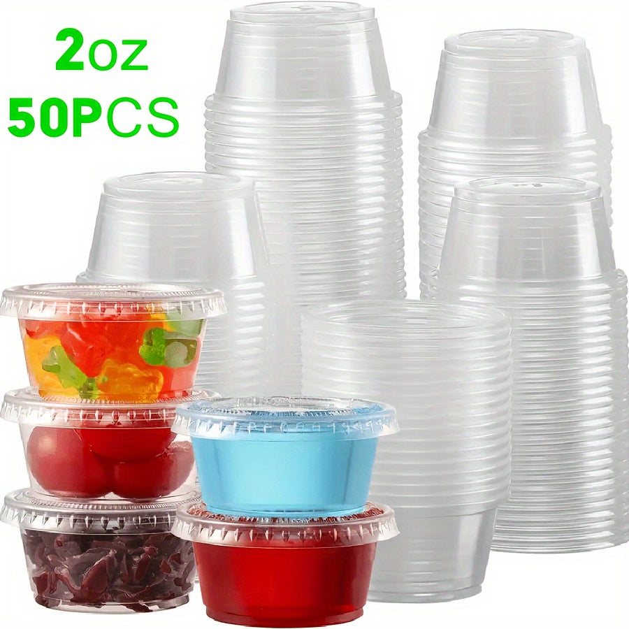 Convenient 50 Pack of 2 oz Plastic Containers with Lids - Versatile, Freeze-Friendly, and Reusable Round Cups - Easy Flip Top Closure for Jelly, Sauce, and Seasonings - Perfect for Kitchen and Food Service Use, No Power Required