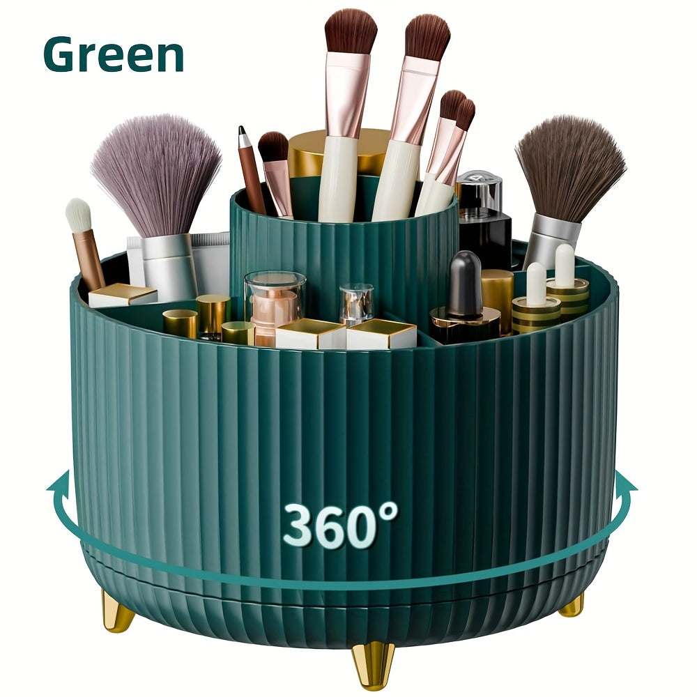 Makeup brush organizer with 360° rotation and 5 compartments for brushes, lipsticks, and stationery. Made of hypoallergenic plastic.