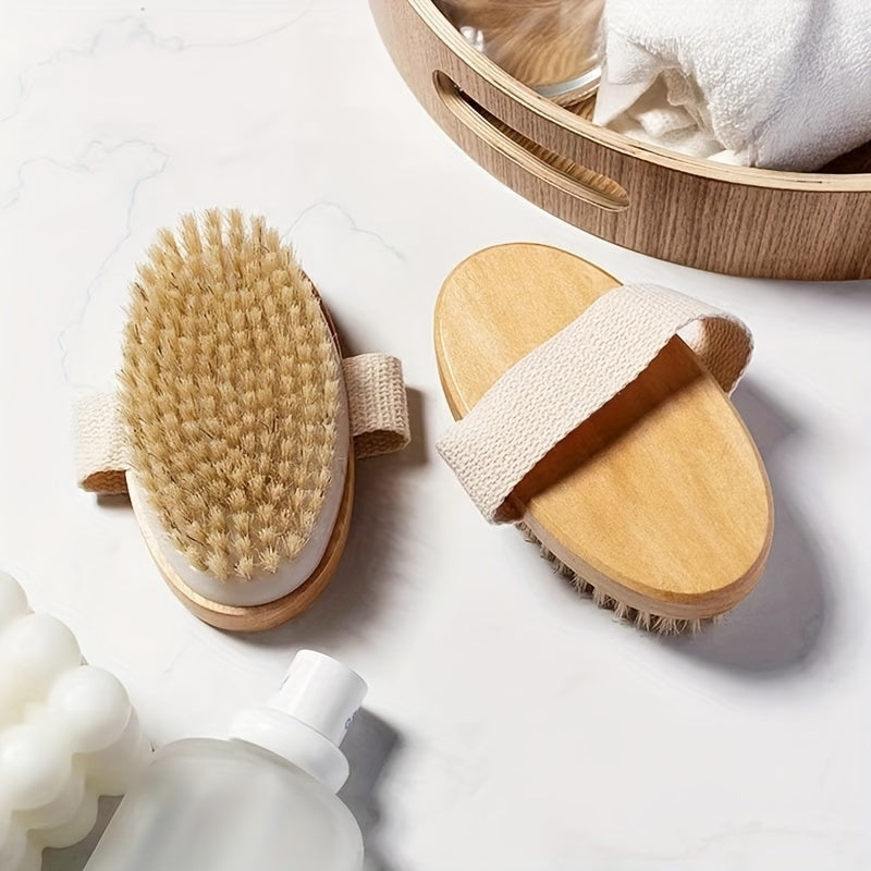 High-quality natural bristle body brush for gentle exfoliation, ideal for wet or dry skin. Handheld wooden design with soft dense bristles, no batteries needed. Perfect for a home spa