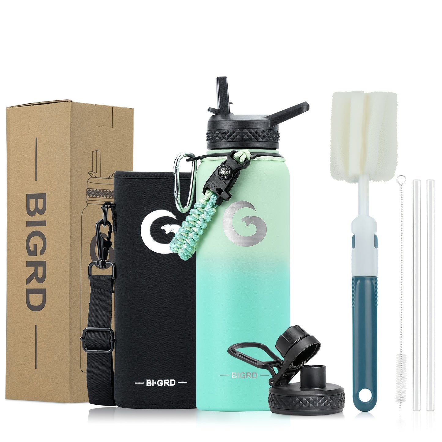 1pc BIGRD insulated water bottle with paracord handle and straw spout lid, available in 40oz/1183ml and 64oz/1893ml sizes, triple vacuum stainless steel keeps drinks cold for 48 hours.