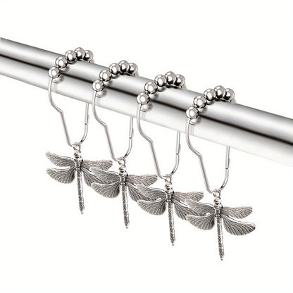 Dragonfly-themed shower curtain hooks, set of 12, made of rustproof metal with pearl accents. Waterproof, durable, and perfect for a nature-inspired bathroom decor. Coordinates with Dragonfly Shower Curtain.