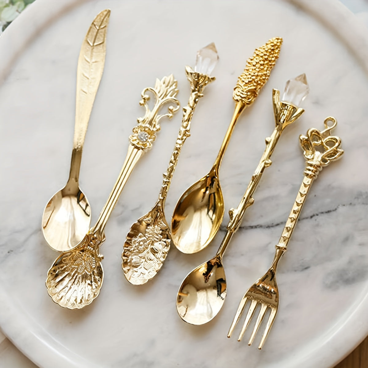 Set of 6 European golden vintage spoons for desserts and coffee, with carved fruit designs, ideal for kitchen, dining, and bar use.