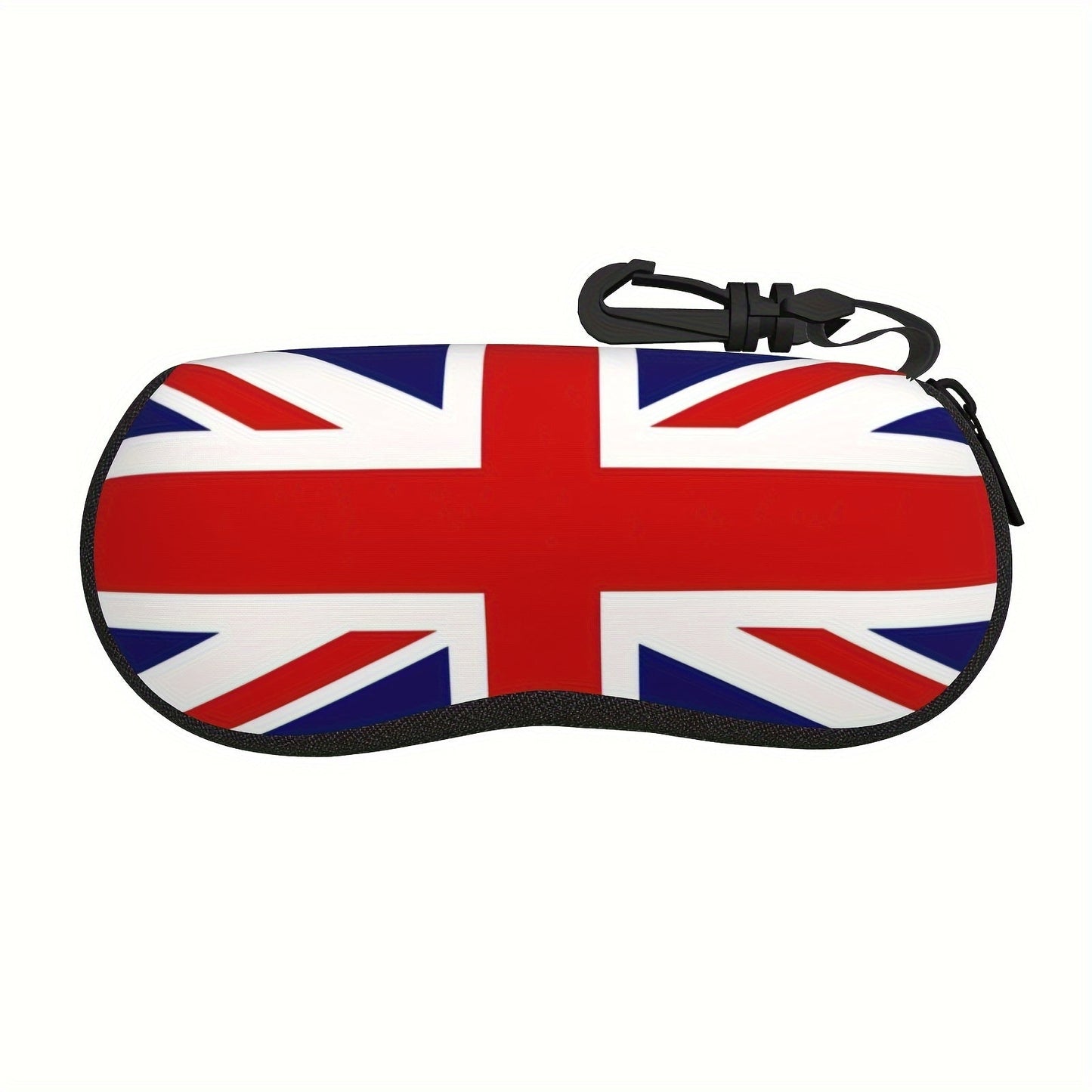 Waterproof glasses case featuring British flag print and keychain, made of ultra-light and soft neoprene material. Ideal for storing fashion eyewear and reading glasses, suitable for both men and women on the go.