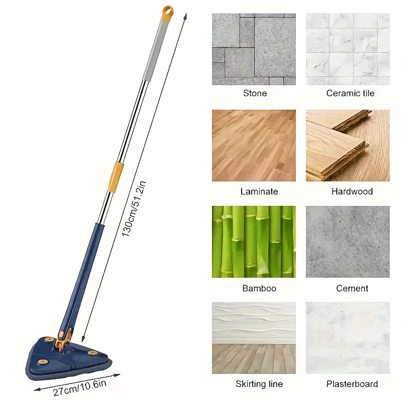 360° Rotating Triangle Mop Set with Self-Wringing System, Stainless Steel & Plastic, Long Handled Floor Cleaning Tool for Wet and Dry Use, Perfect for Living Areas, Bedrooms, Bathrooms, Kitchens, and Glass Surfaces.