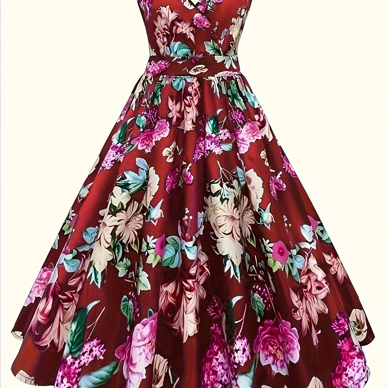 Floral print V neck tank dress for spring & summer, elegant sleeveless A-line dress for women