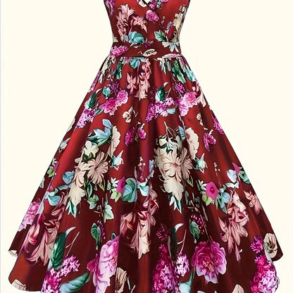 Floral print V neck tank dress for spring & summer, elegant sleeveless A-line dress for women