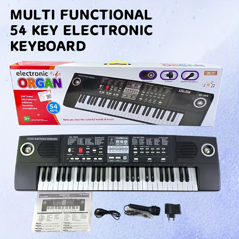 Children's electronic keyboard with microphone, 200 tones & rhythms, 50 demo songs, 5 drum/animal sounds, recording & playback, dual speakers, USB cable, battery/USB powered, educational