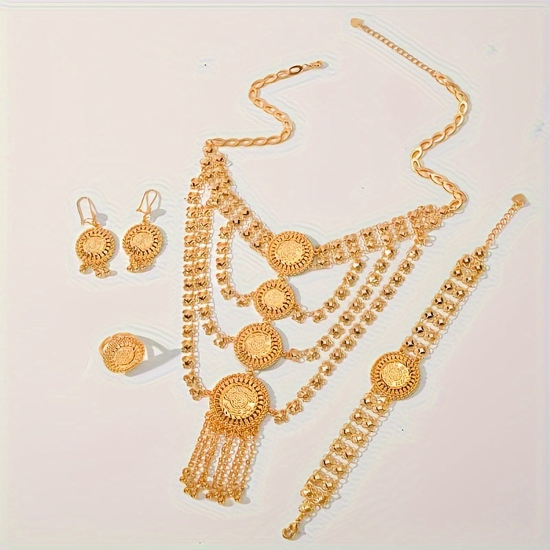 Gold-plated copper jewelry set specifically designed for the Middle East, perfect for festivals and weddings. This stunning set includes two necklaces, bracelets, earrings, and a ring, making it the ideal choice for women looking to add a touch of luxury