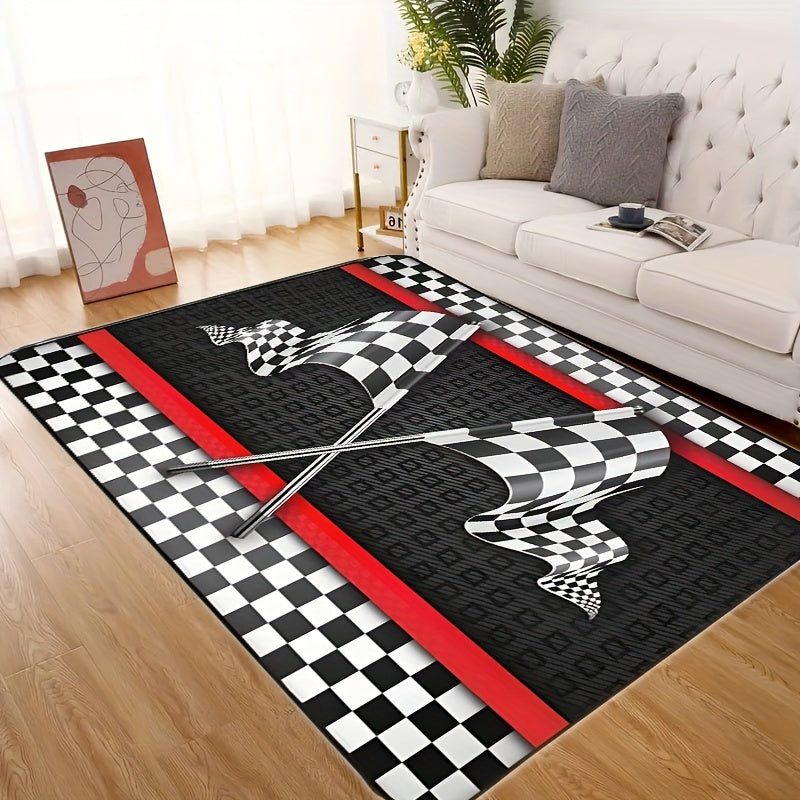 One high-quality Flannel Racing-Themed Mat, 1.1cm thick and non-slip, featuring a Black & White Checkered Flag design with Red Stripes. Machine washable and suitable for Teens, Boys, Girls, Men & Women. Versatile for use in the Living Room, Bedroom