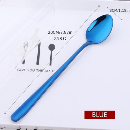 Long handle rainbow ice spoon made of 18/10 stainless steel for mixing and stirring beverages, ice cream, or desserts. Mirror polished.