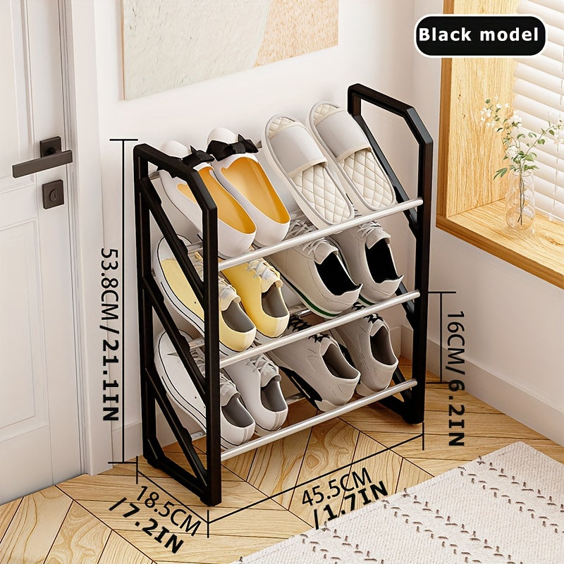 Black 3-tier shoe rack, perfect for entryway, bedroom, holds up to 6 pairs of shoes