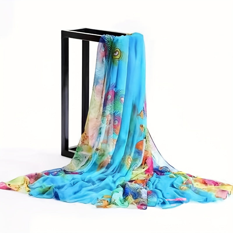 Lightweight, breathable bohemian floral shawl for women in vibrant multicolor. Windproof sunscreen beach wrap made of smooth polyester fabric. Perfect for summer travel and beach days.