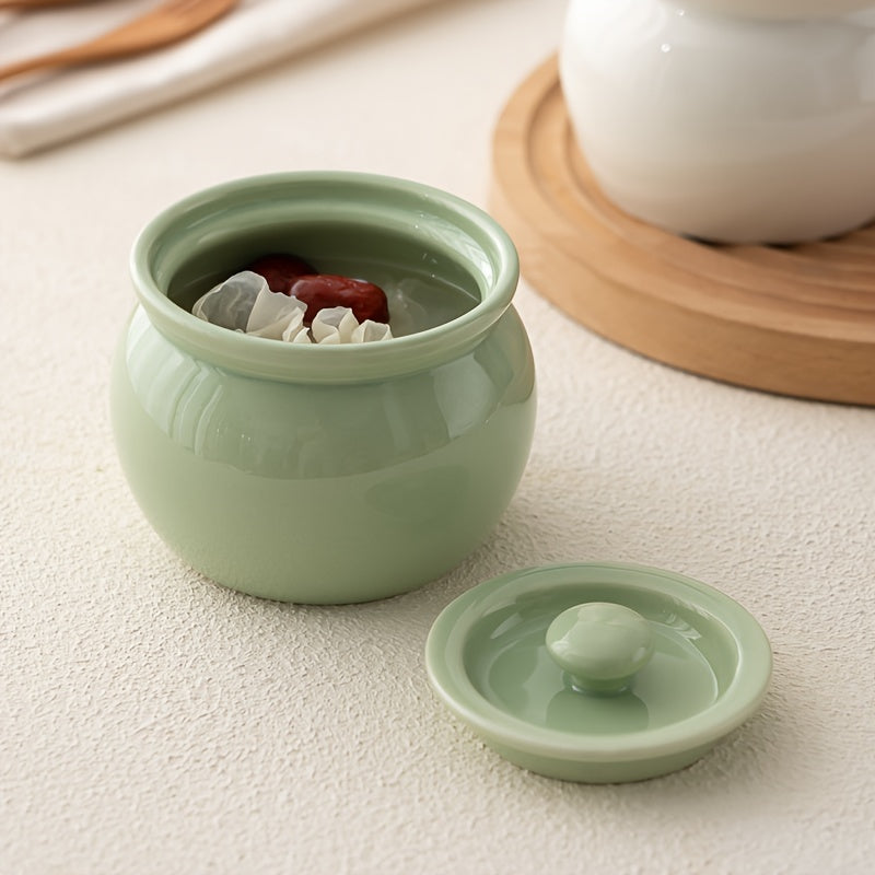 Single serving ceramic stew pot with lid in multiple colors. Leak-proof and food-safe, perfect for soups, steaming eggs, and cooking vegetables. Can also be used for bird's nest dishes and healthy cooking. Comes with the option of a wooden spoon. Great