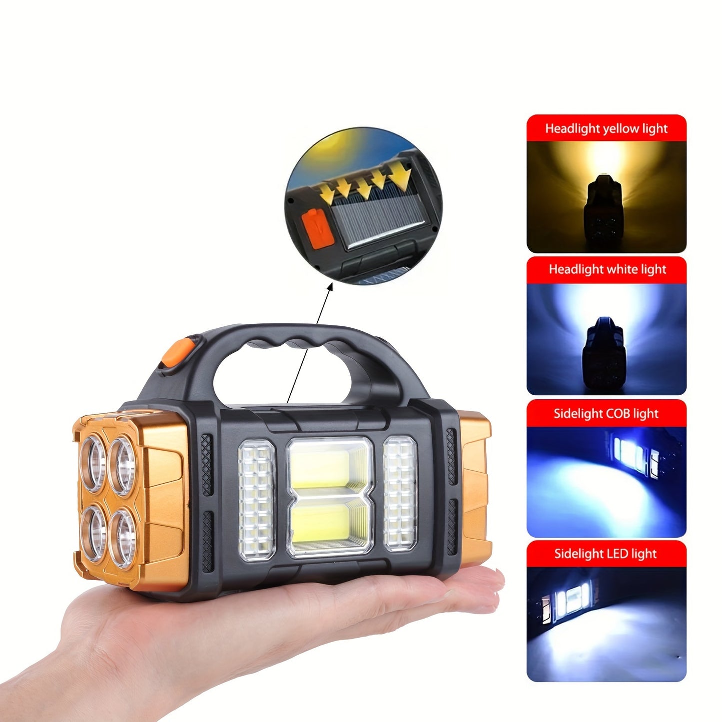 Portable lantern with emergency lighting for camping and fishing, can be recharged with solar or USB.