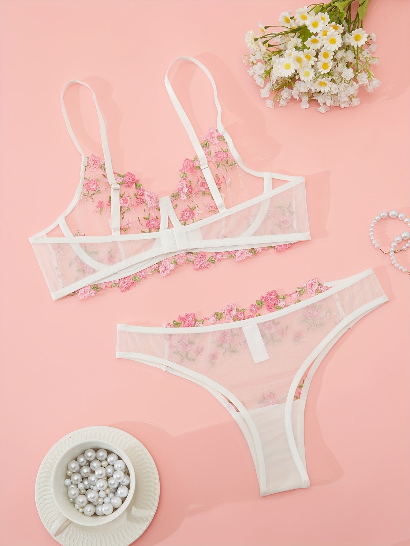 Floral Embroidery Lingerie Set with Sheer Mesh Bra and Panties for Women