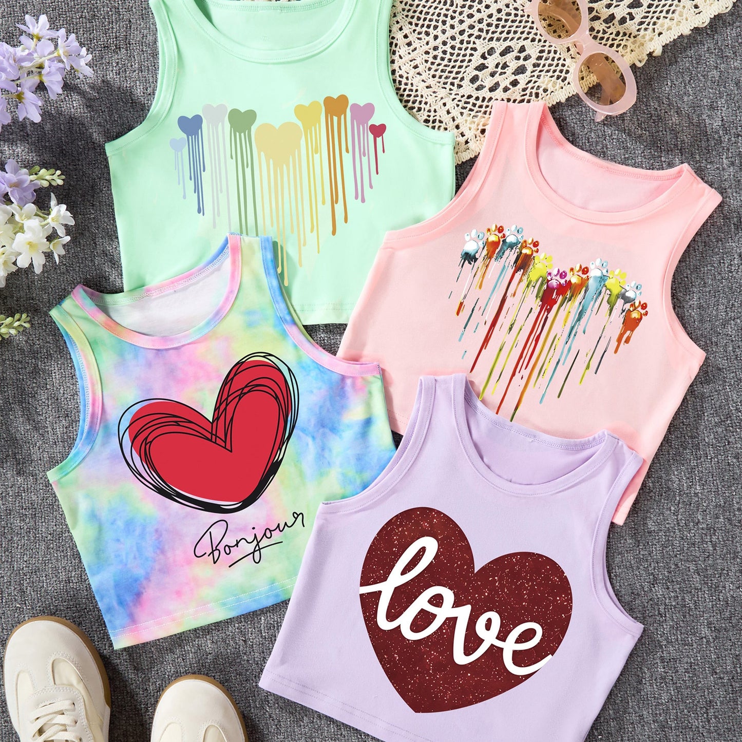 4 BlueSailor Love Heart Print Tank Tops - Vibrant Multicolor Polyester & Elastane Blend, Crew Neck, Non-Transparent - Perfect for Summer Casual Wear