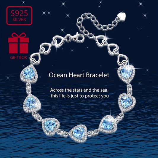 Elegant Vana Ocean Heart Charm Bracelet made of 925 Sterling Silver adorned with Cubic Zirconia, Ideal for Weddings and Gifts, Suitable for All Seasons.