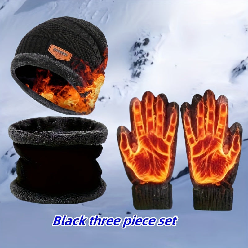 3-piece Winter Warmth Accessory Set, Includes Knit Polyester Beanie, Scarf, and Gloves in Sports Style, Made of 100% Polyester with Thermal Insulation for Cold Weather