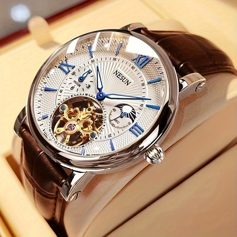 Nesun men's mechanical watch with luminous design and hollow style, perfect for business gentlemen. This fully automatic watch doesn't require a battery and makes a great gift for men.