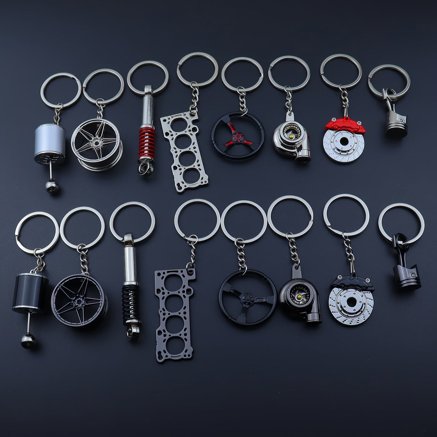 Car Enthusiast Keychain Set - 8 Pieces of Sleek Black Zinc Alloy Keychains, Showcasing Engine Components and More - Ideal Gift for Men