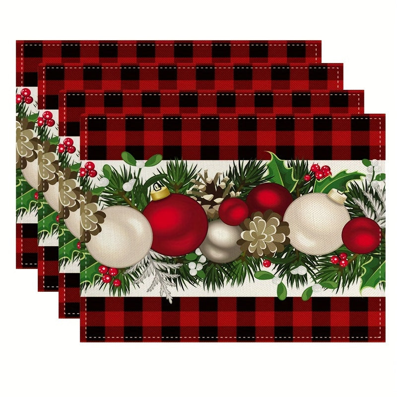 Farmhouse style Christmas placemats in red and black buffalo check plaid set of 4, measuring 30.48x45.72cm.