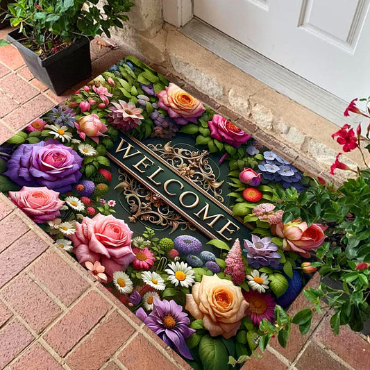 Introducing the Welcome Floral Doormat - A Polyester Non-Slip Mat that is Stain Resistant, Lightweight, Washable, and Perfect for Indoor or Outdoor use. This Rectangular Entrance Mat is ideal for occasions like Christmas, Thanksgiving, Valentine's Day