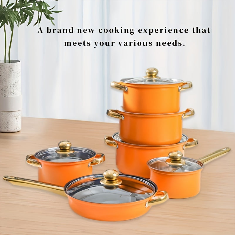 12-piece cookware set made of stainless steel with handles plated in gold. Features a non-stick coating, ideal for frying, steaming, and boiling.